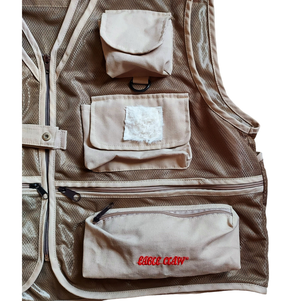 Eagle Claw Deluxe Beige Utility Fly Fishing Vest 10 Pocket Adjustable Zip  Sz XL - Picture 3 of 8